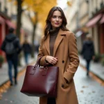 Femme élégante portant un manteau camel et un sac en cuir bordeaux dans une rue parisienne pavée en automne