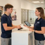 Adolescent présentant un formulaire d'inscription à un employé de salle de sport Basic Fit à l'accueil