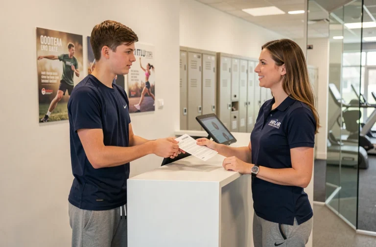 Adolescent présentant un formulaire d'inscription à un employé de salle de sport Basic Fit à l'accueil