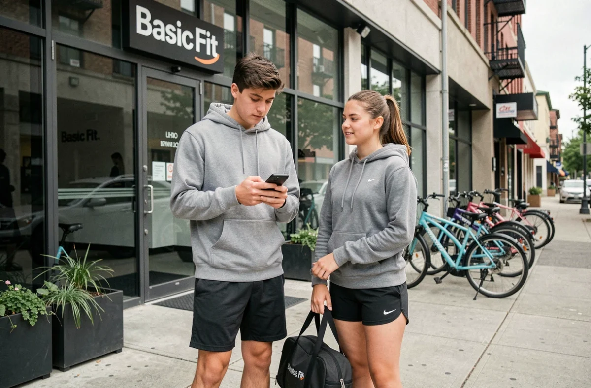 Deux adolescents devant l'entrée d'une salle de sport Basic Fit vérifiant les conditions d'abonnement pour mineurs