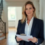Agent immobilière professionnelle en blazer marine consultant des documents d'estimation dans l'entrée d'une maison moderne