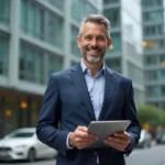 Agent immobilier professionnel tenant une tablette avec des annonces devant un immeuble moderne en 2024