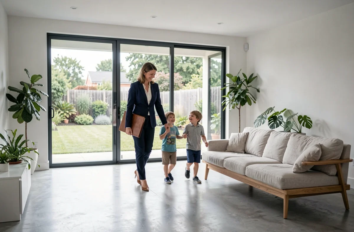 Agent immobilière faisant visiter un salon moderne à une famille lors d'une visite de maison contemporaine
