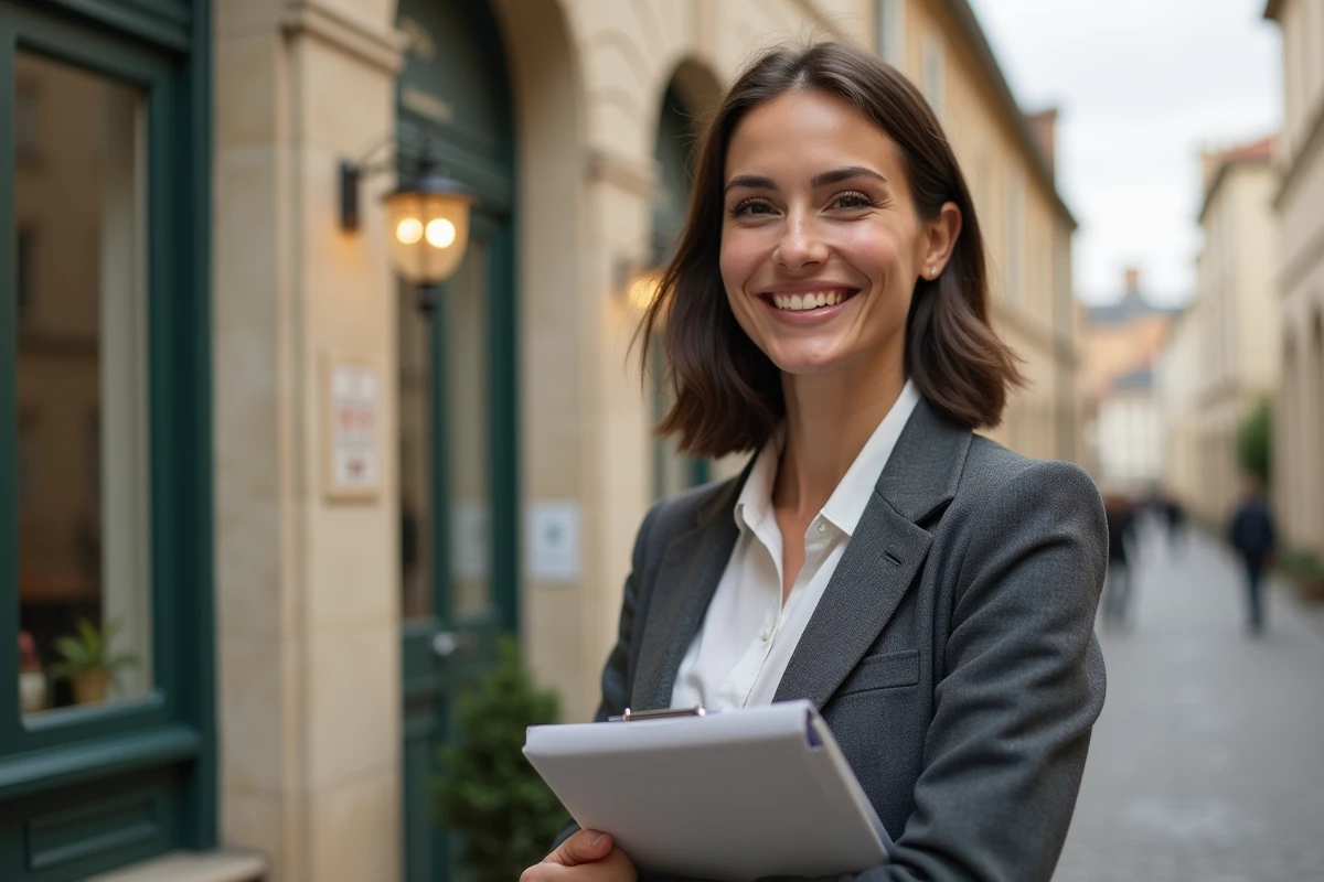 Jeune agente immobiliere souriante devant une maison rennaise