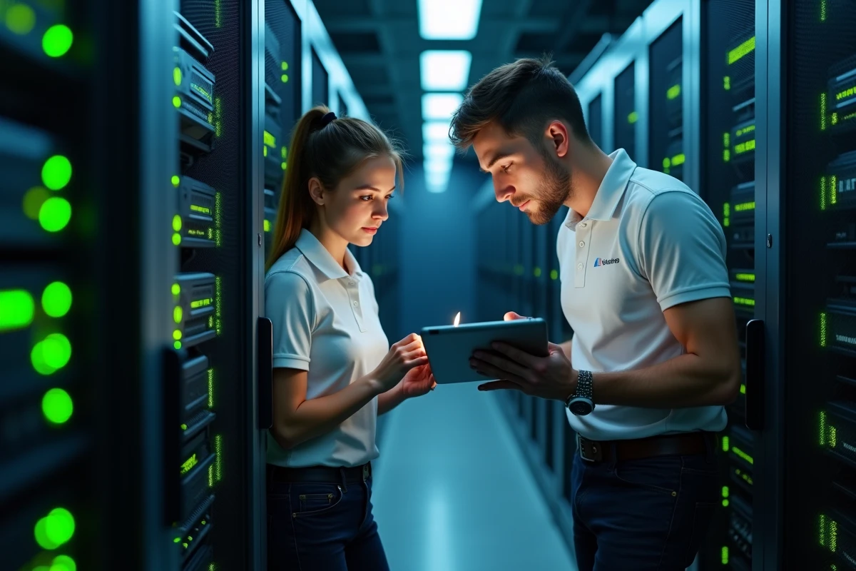 Deux professionnels informatiques consultant un audit de sécurité réseau dans une salle de serveurs lors d'une inspection de cybersécurité en entreprise