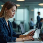 Femme professionnelle utilisant l'authentification à deux facteurs sur son ordinateur portable dans un bureau moderne pour renforcer la sécurité informatique