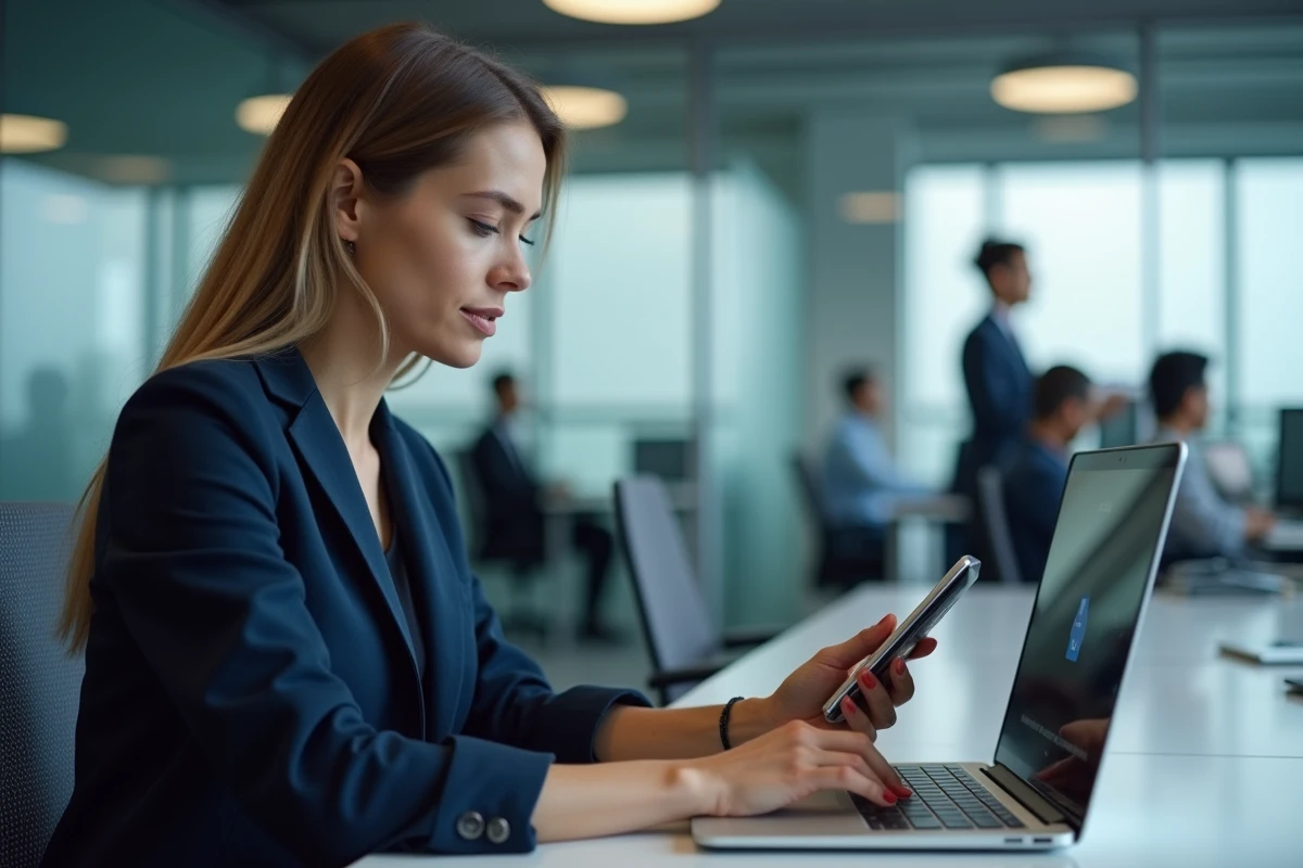 Femme professionnelle utilisant l'authentification à deux facteurs sur son ordinateur portable dans un bureau moderne pour renforcer la sécurité informatique