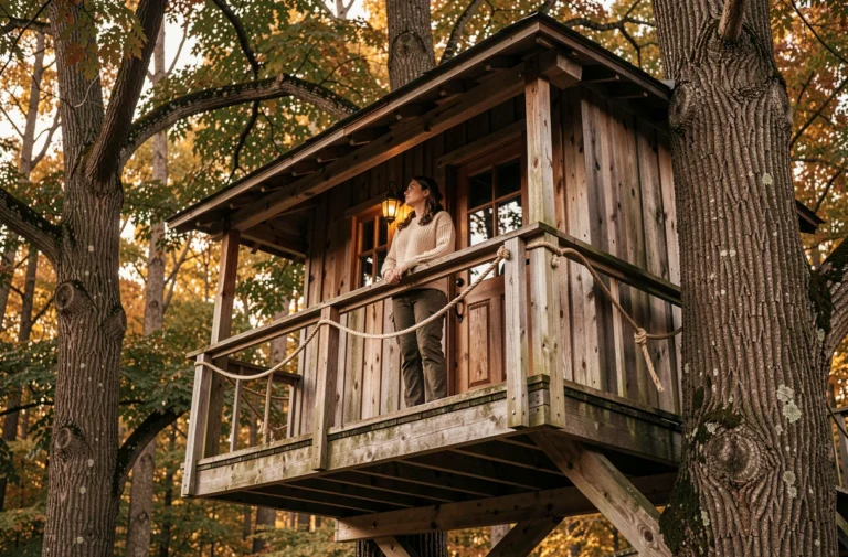 Femme sur le balcon d'une cabane dans les arbres entourée de feuillage automnal en forêt