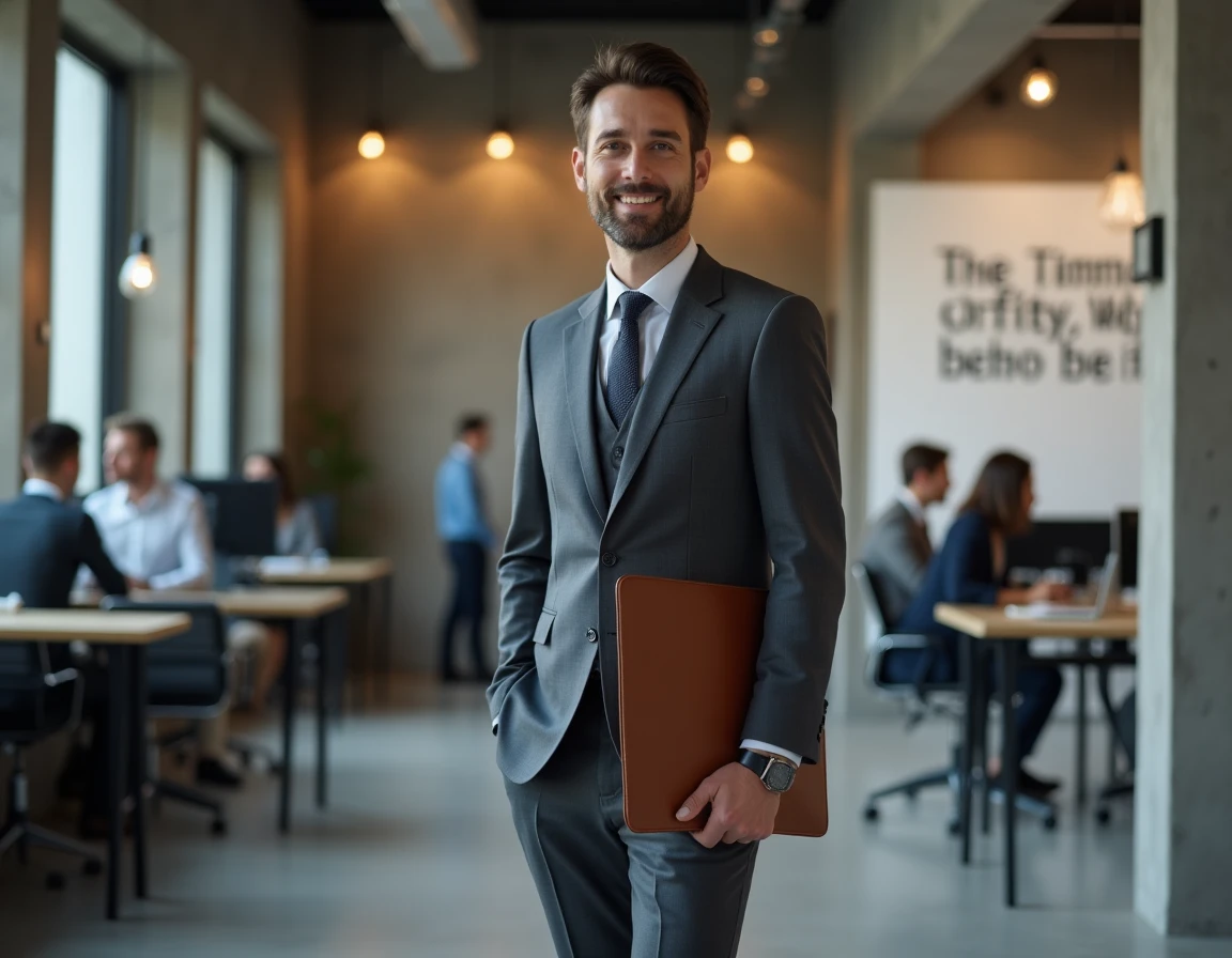 Cadre masculin en costume marchant avec assurance dans un couloir de bureau en open space, illustrant la progression hiérarchique et la mobilité verticale dans le monde professionnel
