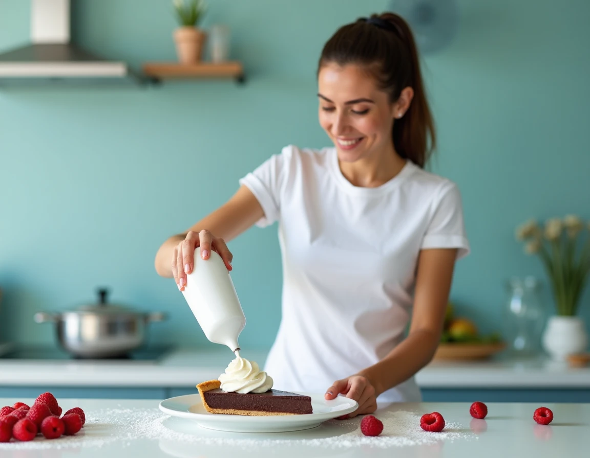 Jeune femme déposant de la chantilly sur une tarte après avoir résolu le problème de la bombe bloquée