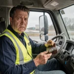Chauffeur de poids lourd inquiet découvrant l'absence de sa carte CQC dans son portefeuille, assis dans la cabine de son camion