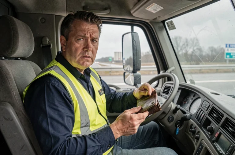 Chauffeur de poids lourd inquiet découvrant l'absence de sa carte CQC dans son portefeuille, assis dans la cabine de son camion