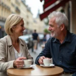 Couple complice attablé à une terrasse de café parisien, évoquant la vie amoureuse et le quotidien partagé d'une artiste française en 2024