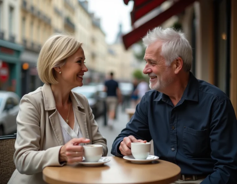 Couple complice attablé à une terrasse de café parisien, évoquant la vie amoureuse et le quotidien partagé d'une artiste française en 2024