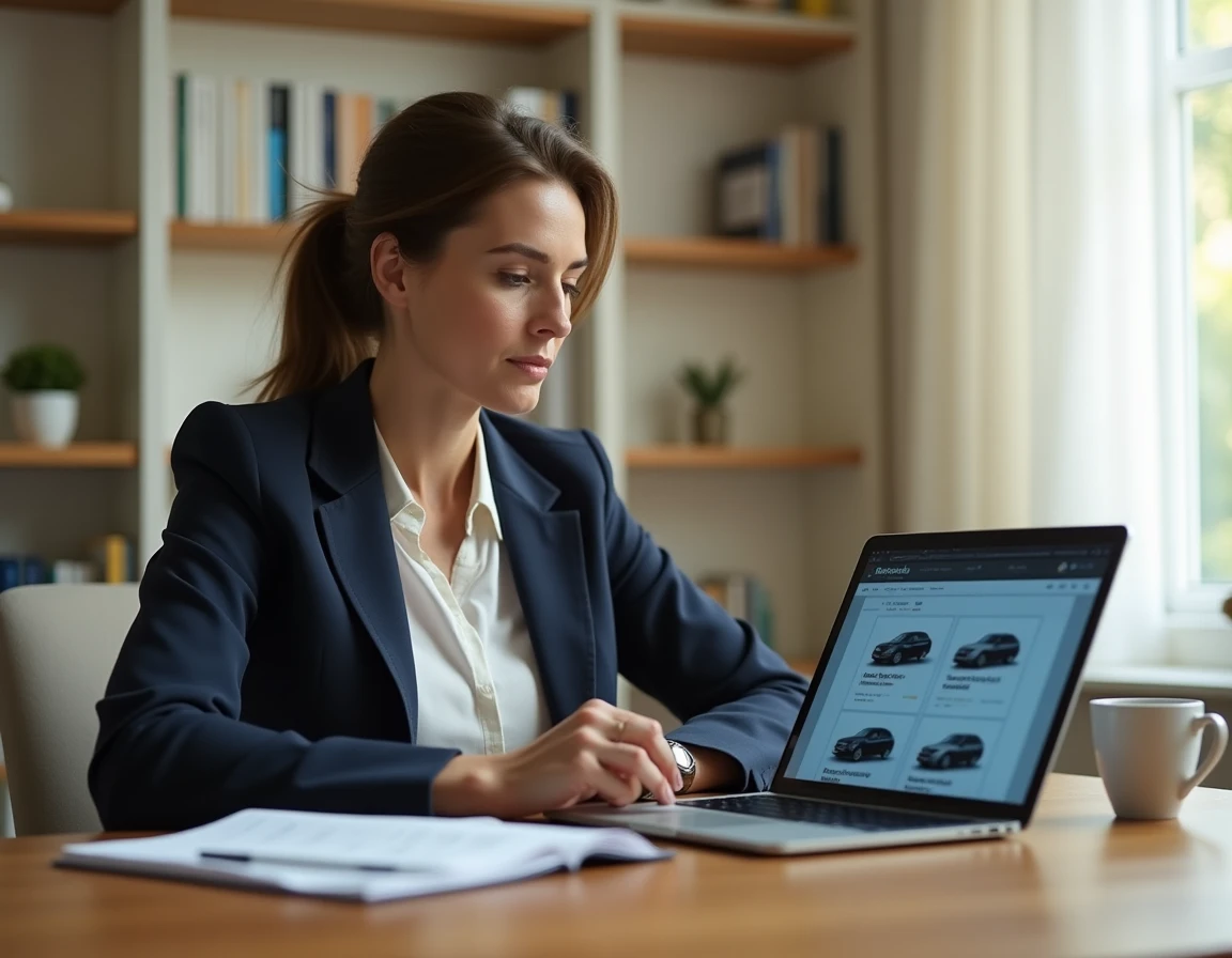 Femme comparant des annonces de voitures d'occasion sur ordinateur portable et tablette dans un bureau à domicile
