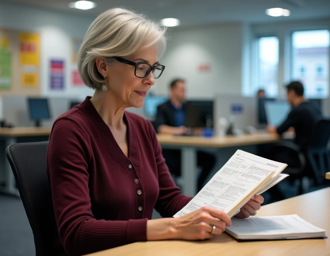 Conseillère en formation consultant un référentiel de certification professionnelle dans un centre d'emploi en France