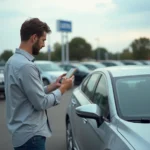 Homme consultant une plateforme de petites annonces auto sur son smartphone à côté d'une voiture d'occasion dans un parking