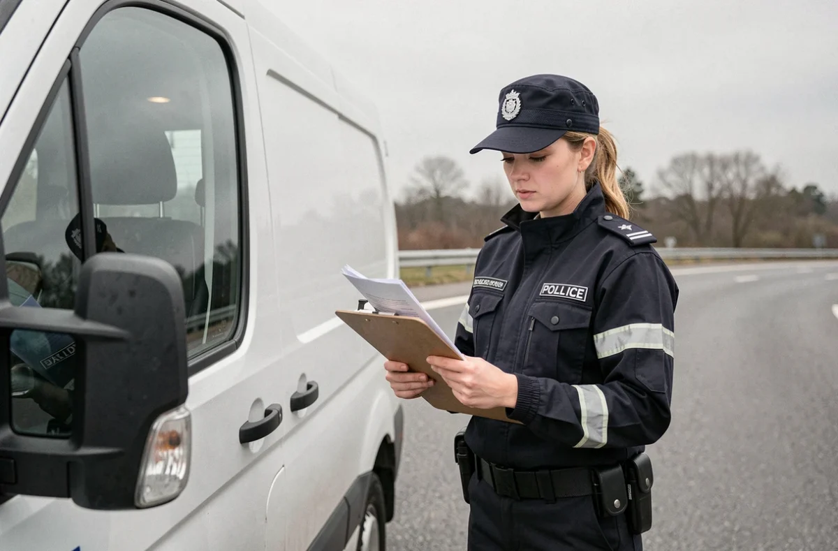 Contrôle routier par une officière de police vérifiant les documents d'un conducteur de véhicule utilitaire sur le bord d'une autoroute
