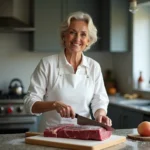 Femme coupant un rôti de bœuf congelé sur une planche à découper en bois dans une cuisine moderne