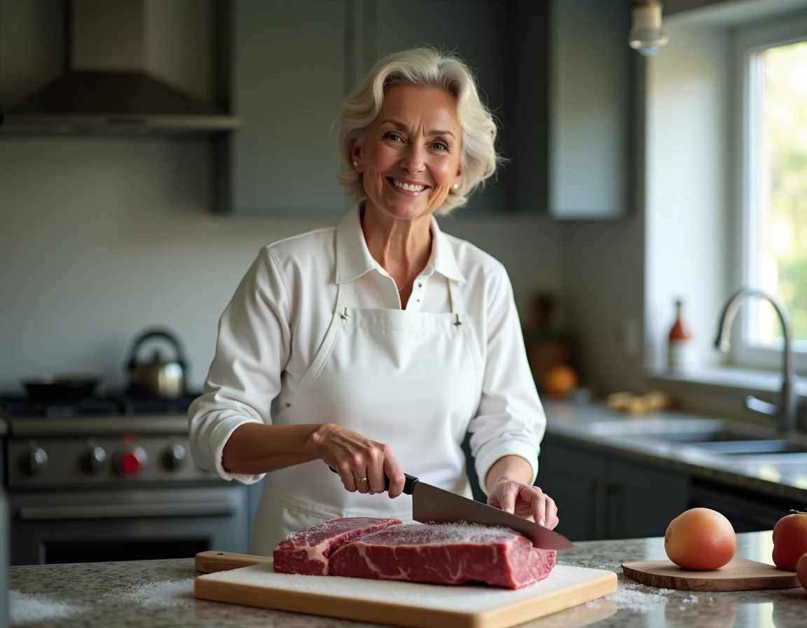 Femme coupant un rôti de bœuf congelé sur une planche à découper en bois dans une cuisine moderne