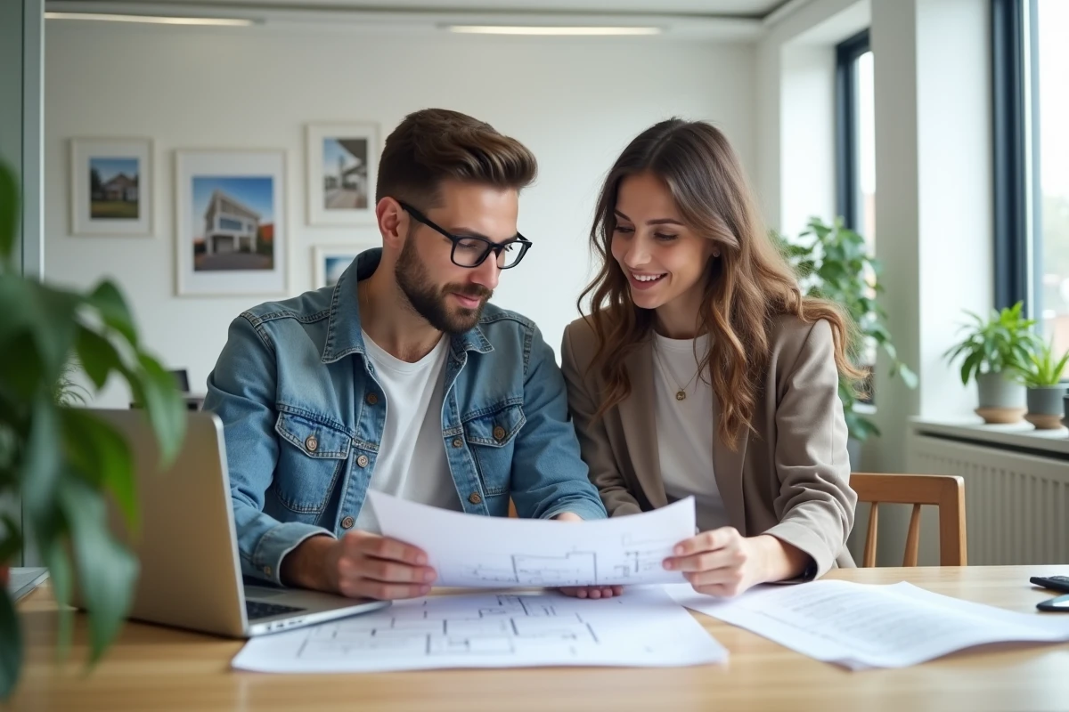 Couple de jeunes acheteurs consultant des plans immobiliers avec un agent dans une agence moderne
