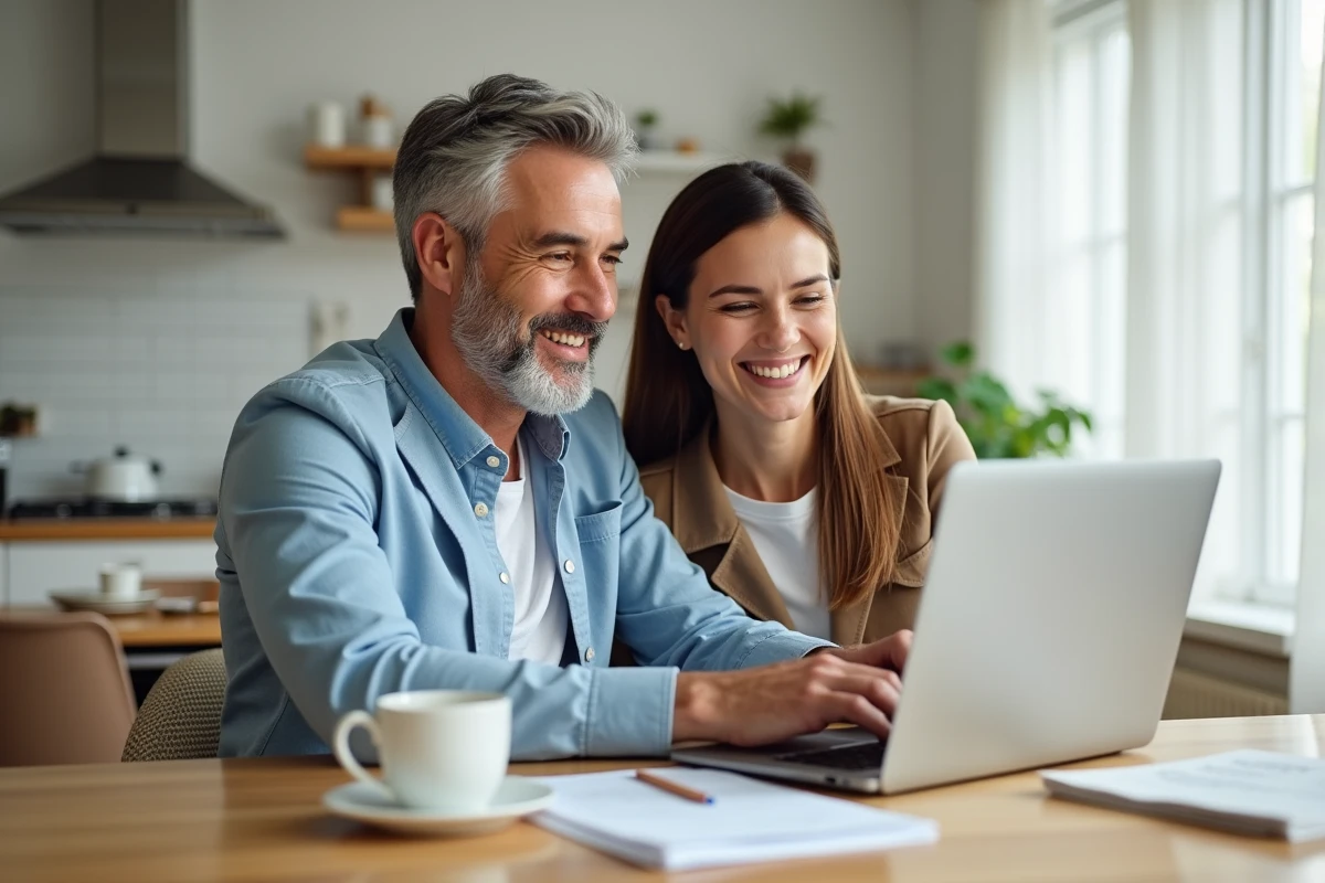 Couple étudiant un rapport d'investissement immobilier sur un ordinateur portable dans un appartement moderne