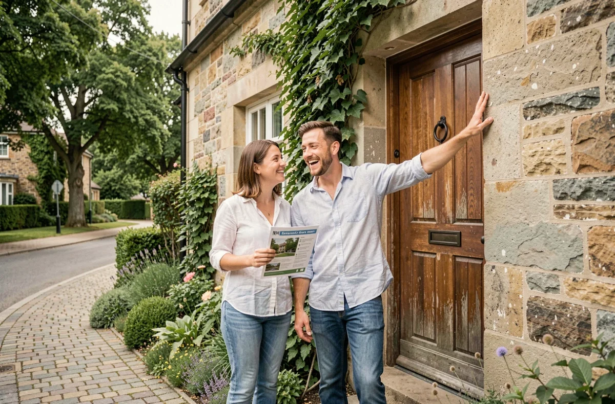 Couple découvrant la façade d'une maison en pierre lors d'une visite immobilière