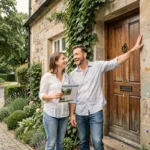 Couple découvrant la façade d'une maison en pierre lors d'une visite immobilière