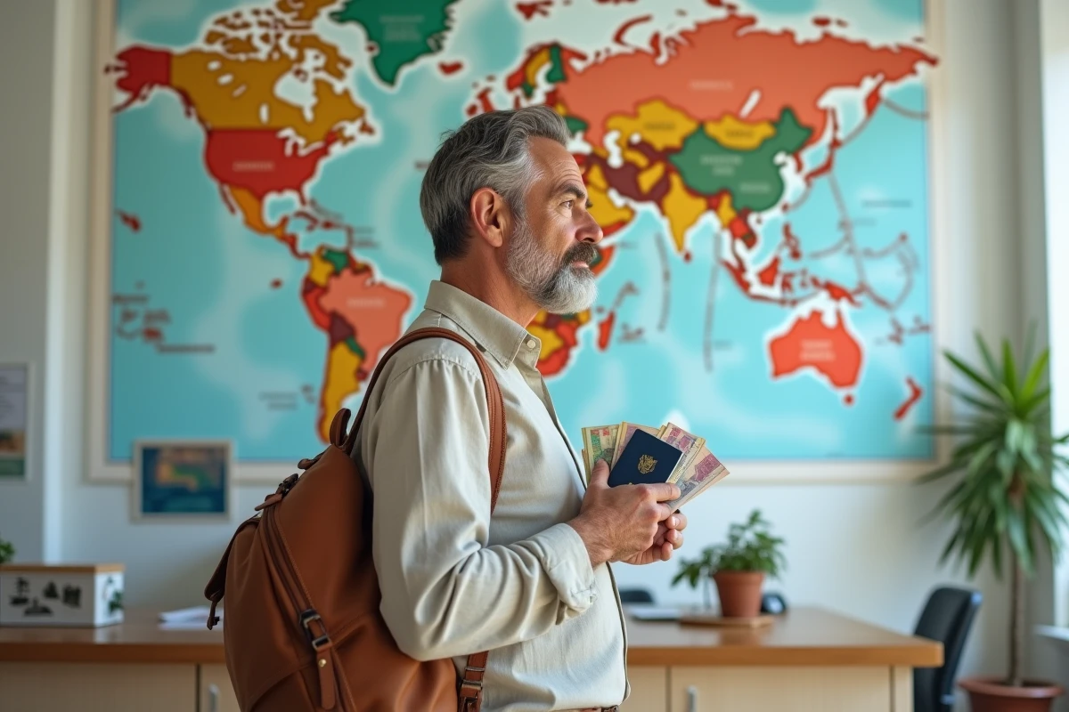 Voyageur tenant des billets de banque et un passeport devant une carte du monde dans une agence de voyage