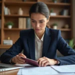 Femme professionnelle examinant un passeport et des formulaires de demande de visa sur un bureau en bois