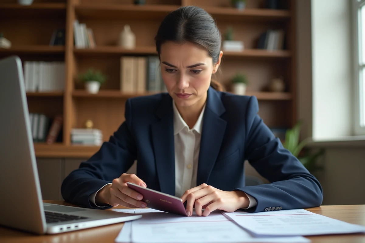 Femme professionnelle examinant un passeport et des formulaires de demande de visa sur un bureau en bois