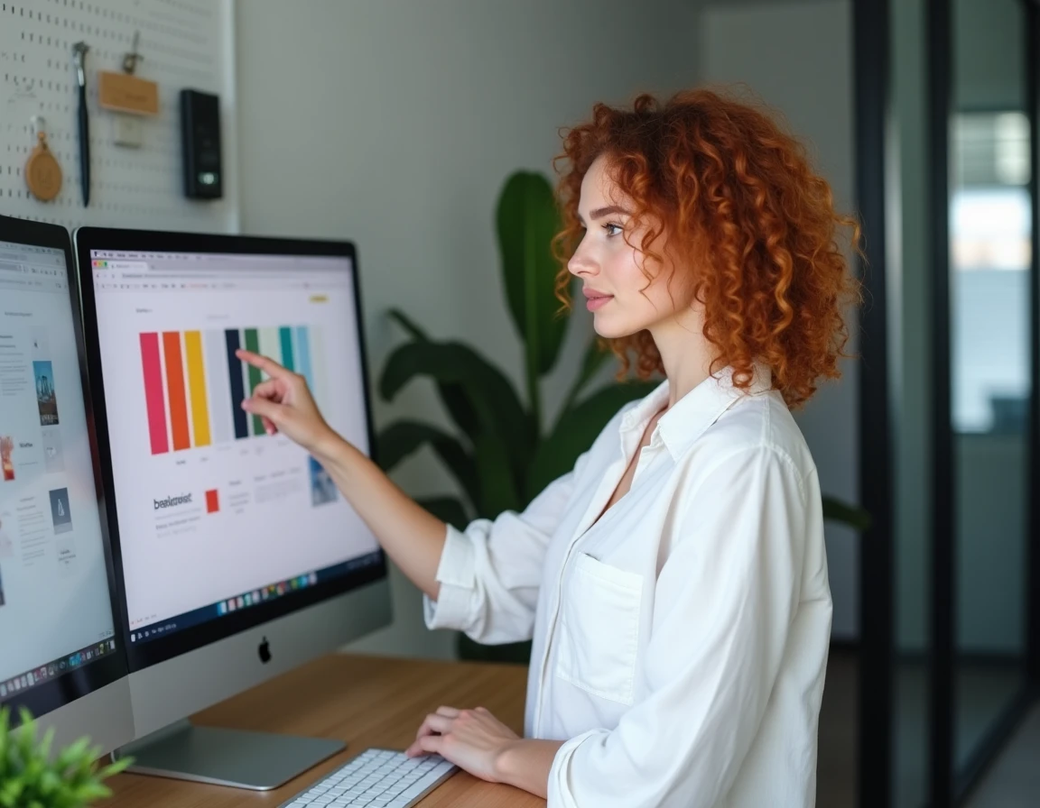 Jeune designer web féminine présentant une palette de couleurs et une typographie pour un site web professionnel sur grand écran