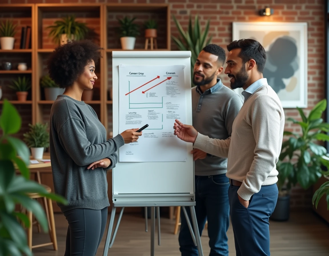 Équipe de professionnels analysant un organigramme de progression de carrière sur un tableau numérique, représentant les différentes formes de mobilité verticale et de développement professionnel en entreprise