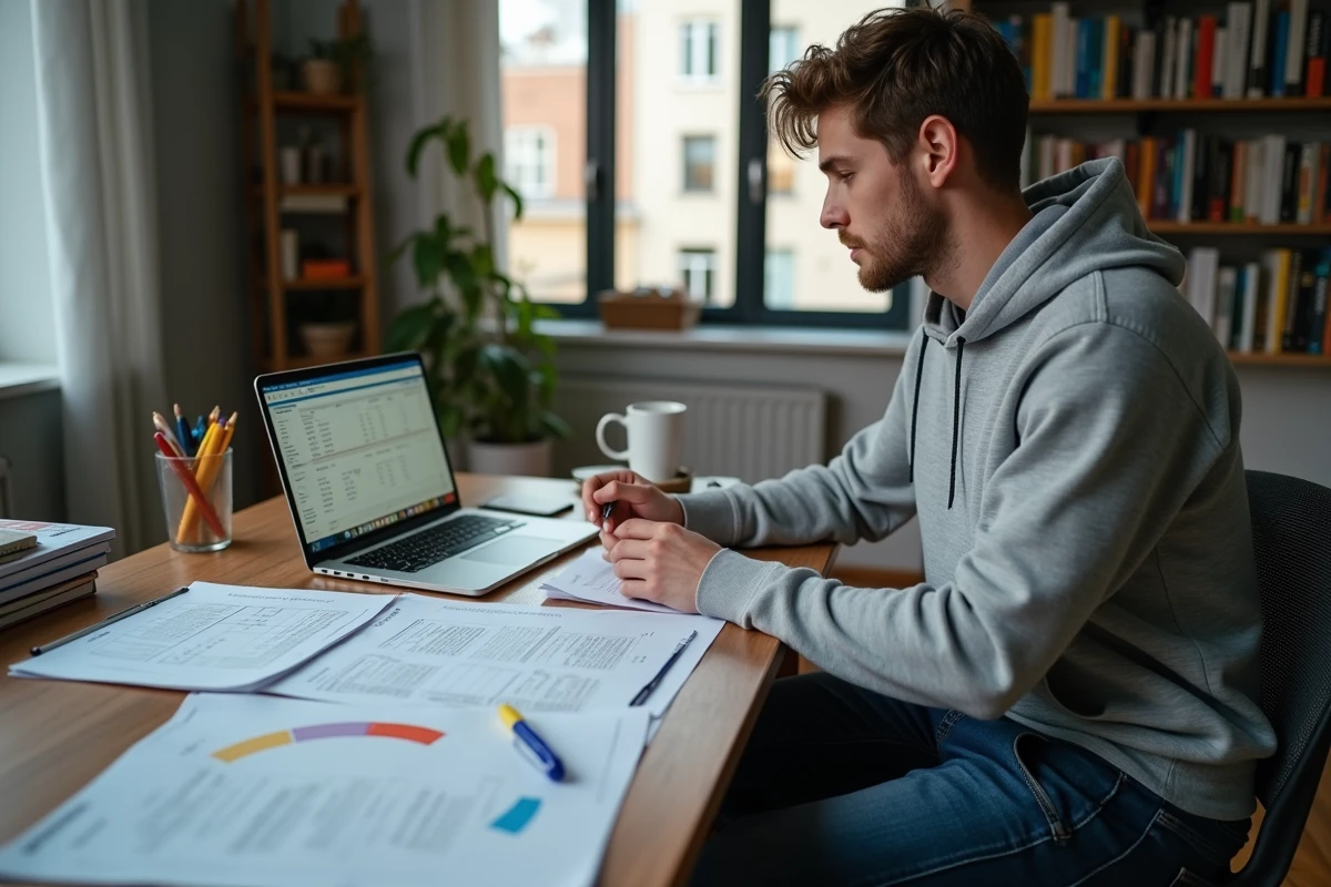 Étudiant préparant son dossier de prêt immobilier à son bureau
