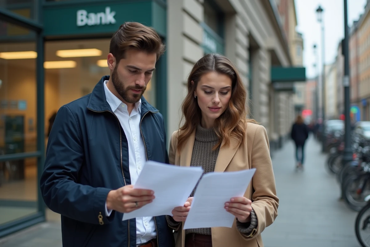 Deux étudiants devant une agence bancaire consultant des documents pour un prêt immobilier