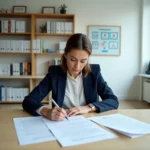 Évaluatrice de titres professionnels examinant des documents d'évaluation dans un bureau administratif moderne en France