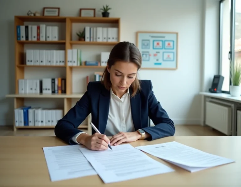 Évaluatrice de titres professionnels examinant des documents d'évaluation dans un bureau administratif moderne en France