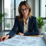 Femme professionnelle analysant des plans immobiliers dans un bureau moderne pour un investissement réussi en 2024