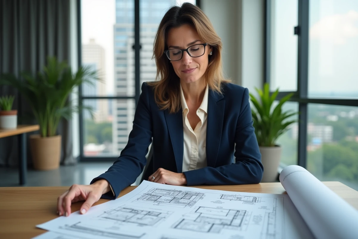 Femme professionnelle analysant des plans immobiliers dans un bureau moderne pour un investissement réussi en 2024