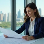 Femme confiante en costume bleu examinant des plans architecturaux