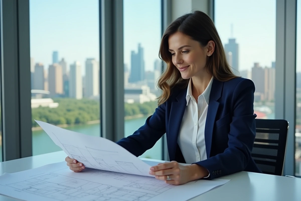 Femme confiante en costume bleu examinant des plans architecturaux