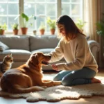 Jeune femme caressant un chien dans un salon cosy