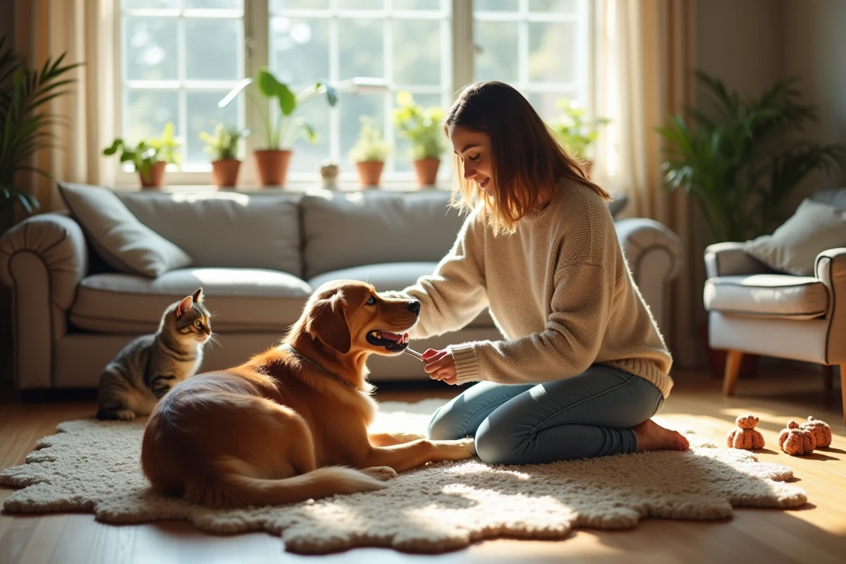Jeune femme caressant un chien dans un salon cosy