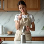 Femme tenant une bombe chantilly bloquée dans une cuisine moderne, tentant de débloquer le bec verseur