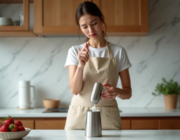 Femme tenant une bombe chantilly bloquée dans une cuisine moderne, tentant de débloquer le bec verseur