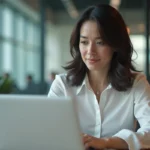 Femme au bureau en train de se connecter à son ordinateur