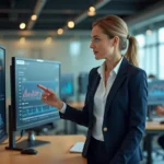 Femme cadre financière analysant des graphiques boursiers sur un grand écran dans un bureau moderne