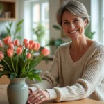 Femme arrangeant des fleurs printanières dans un vase