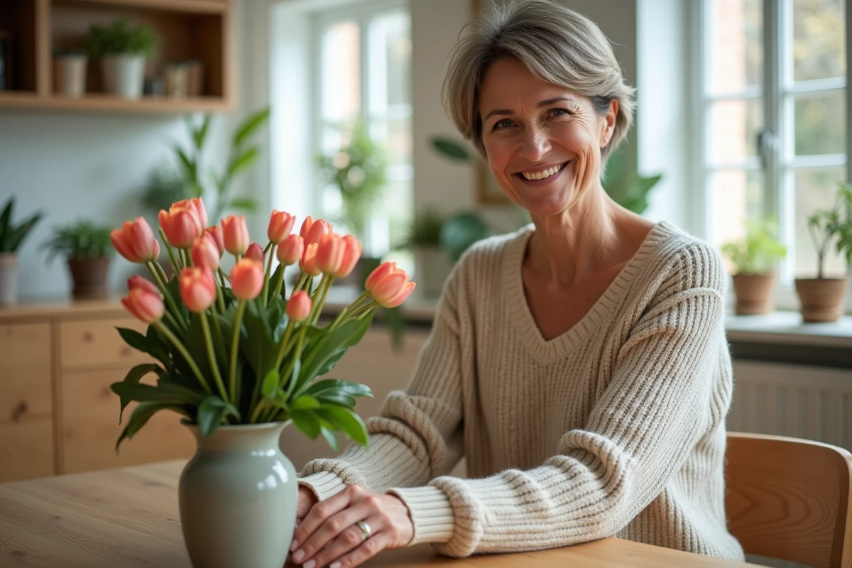 Femme arrangeant des fleurs printanières dans un vase
