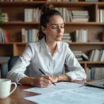 Femme professionnelle relisant son CV à son bureau à domicile, entourée d'un environnement de travail organisé
